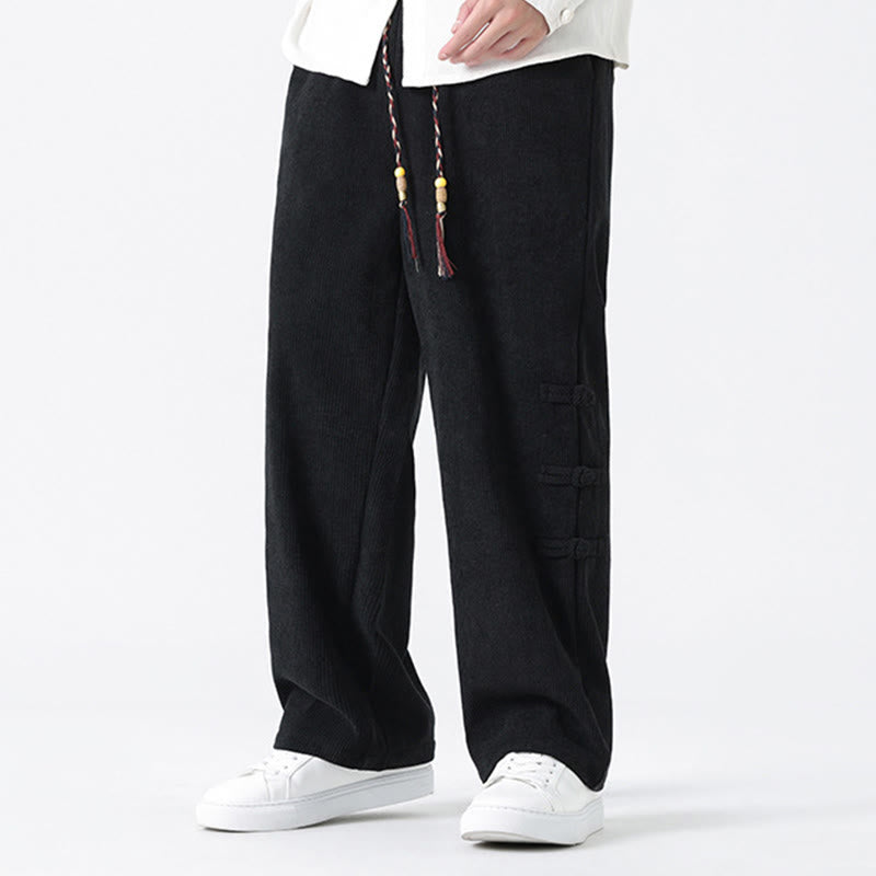 Pantalon droit en velours côtelé pour homme, à cordon de serrage et poches, orné de boutons grenouille et de Buddha Stones - image 19