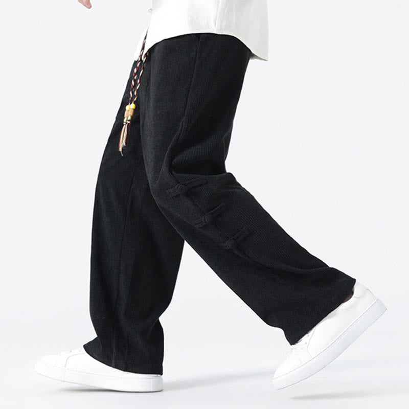 Pantalon droit en velours côtelé pour homme, à cordon de serrage et poches, orné de boutons grenouille et de Buddha Stones - image 17