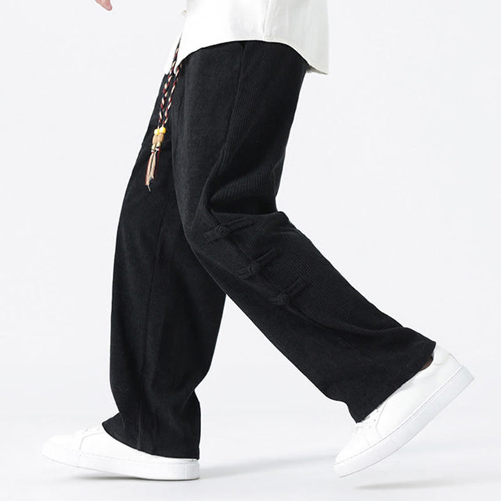 Pantalon droit en velours côtelé pour homme, à cordon de serrage et poches, orné de boutons grenouille et de Buddha Stones - image 17