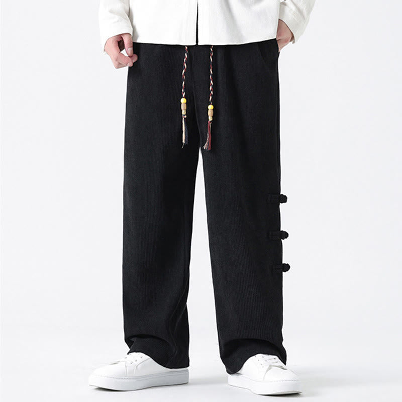 Pantalon droit en velours côtelé pour homme, à cordon de serrage et poches, orné de boutons grenouille et de Buddha Stones - image 21