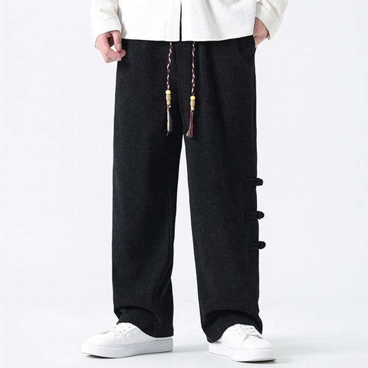 Pantalon droit en velours côtelé pour homme, à cordon de serrage et poches, orné de boutons grenouille et de Buddha Stones - image 21
