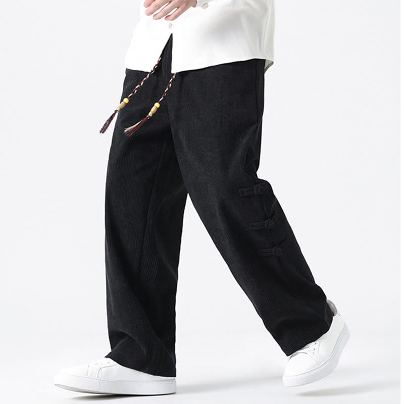 Pantalon droit en velours côtelé pour homme, à cordon de serrage et poches, orné de boutons grenouille et de Buddha Stones - image 14