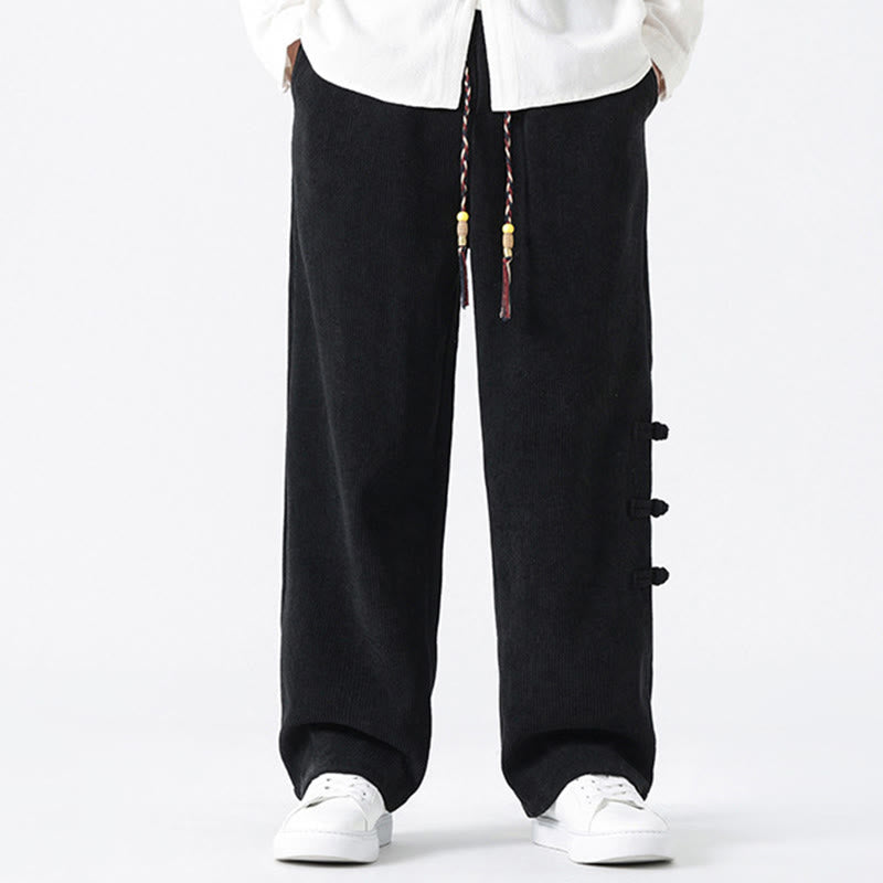 Pantalon droit en velours côtelé pour homme, à cordon de serrage et poches, orné de boutons grenouille et de Buddha Stones - Noir - US/UK/AU46，EU56 (5XL) - image 12