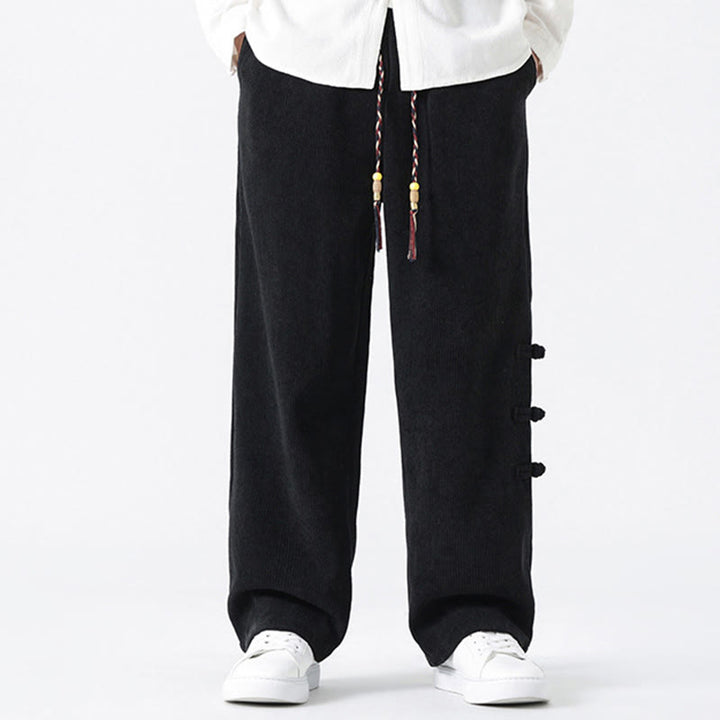 Pantalon droit en velours côtelé pour homme, à cordon de serrage et poches, orné de boutons grenouille et de Buddha Stones - Noir - US/UK/AU46，EU56 (5XL) - image 12
