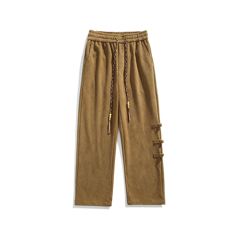 Pantalon droit en velours côtelé pour homme, à cordon de serrage et poches, orné de boutons grenouille et de Buddha Stones - image 11