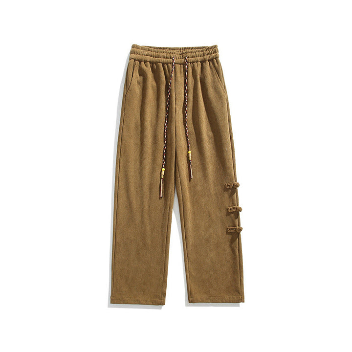 Pantalon droit en velours côtelé pour homme, à cordon de serrage et poches, orné de boutons grenouille et de Buddha Stones - image 11