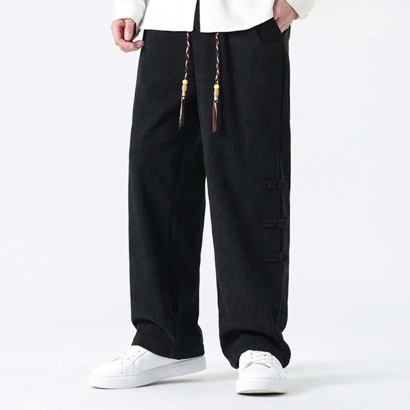 Pantalon droit en velours côtelé pour homme, à cordon de serrage et poches, orné de boutons grenouille et de Buddha Stones - image 18