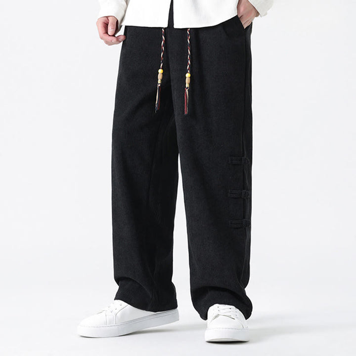 Pantalon droit en velours côtelé pour homme, à cordon de serrage et poches, orné de boutons grenouille et de Buddha Stones - image 18