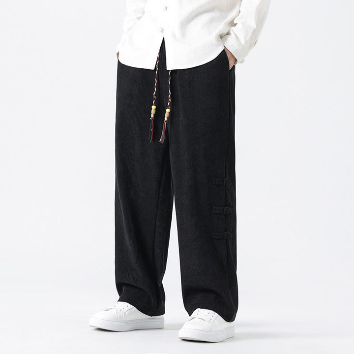 Pantalon droit en velours côtelé pour homme, à cordon de serrage et poches, orné de boutons grenouille et de Buddha Stones - image 22