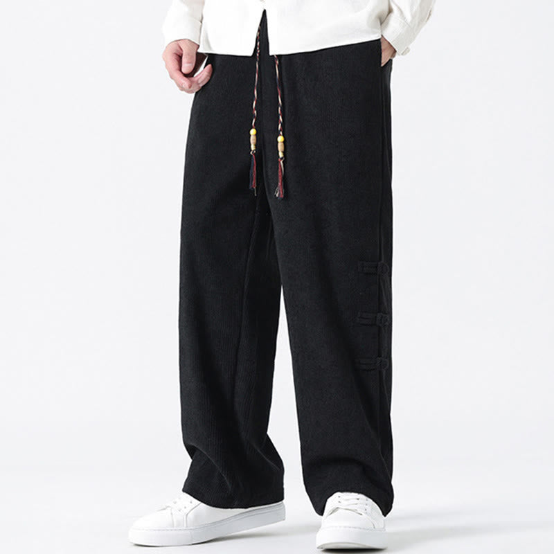 Pantalon droit en velours côtelé pour homme, à cordon de serrage et poches, orné de boutons grenouille et de Buddha Stones - image 20