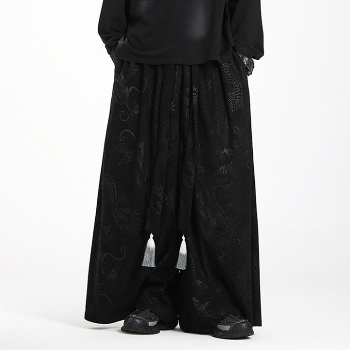Pantalon en velours côtelé pour homme, jambes larges, avec poches, motif jacquard dragon et Buddha Stones - Noir - US/UK/AU46，EU56 (5XL) - image 8