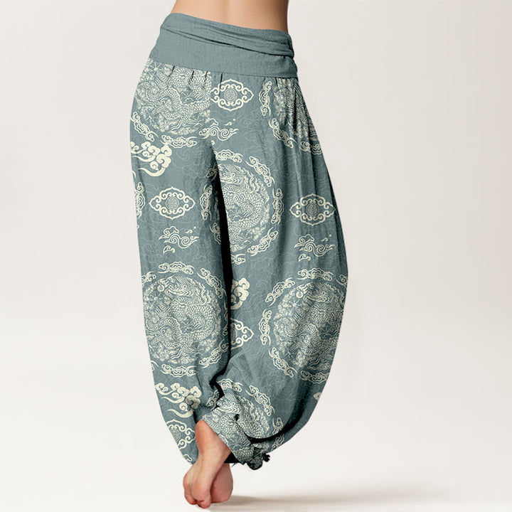 Pantalon harem pour femme, taille élastique, en coton clair, motif nuage et dragon , Buddha Stones - image 1