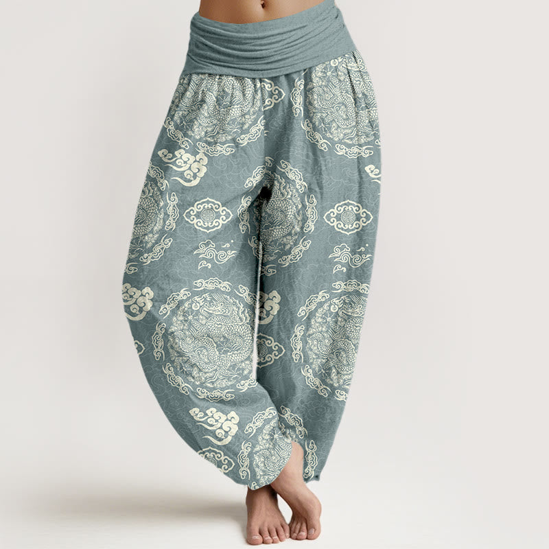Pantalon harem pour femme, taille élastique, en coton clair, motif nuage et dragon , Buddha Stones - Bleu clair - US16，UK/AU20，EU48 (3XL) - image 0