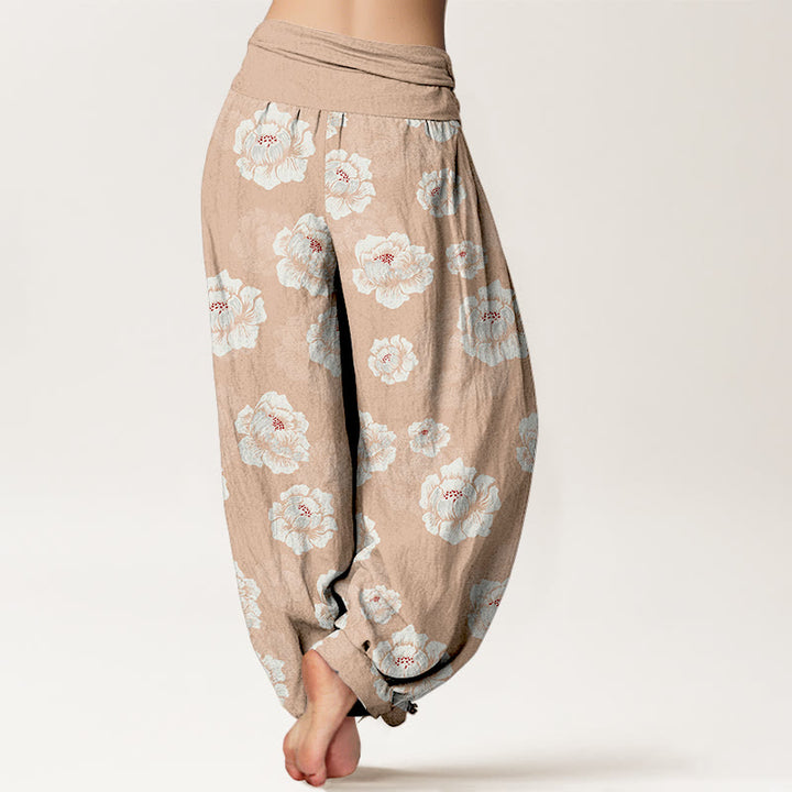 Pantalon harem à taille élastique pour femme, en coton à motif floral blanc élégant et Buddha Stones - image 1