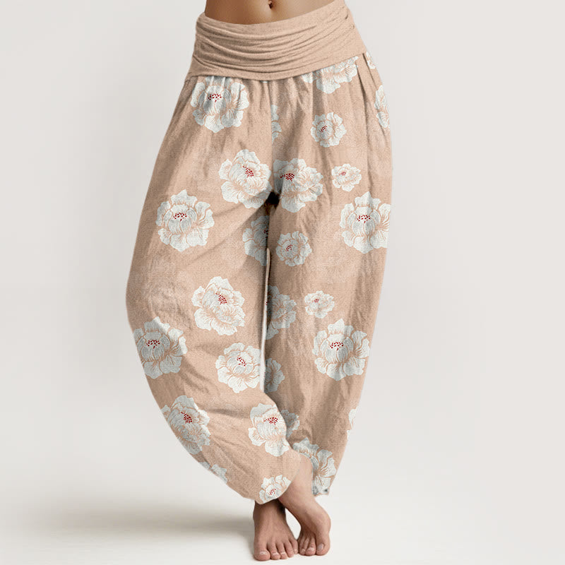Pantalon harem à taille élastique pour femme, en coton à motif floral blanc élégant et Buddha Stones - PeachPuff - US16，UK/AU20，EU48 (3XL) - image 0