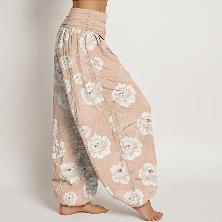 Pantalon harem à taille élastique pour femme, en coton à motif floral blanc élégant et Buddha Stones - image 2