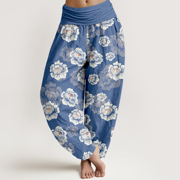 Pantalon harem à taille élastique pour femme, en coton à motif floral blanc élégant et Buddha Stones - Bleu royal - US16，UK/AU20，EU48 (3XL) - image 5