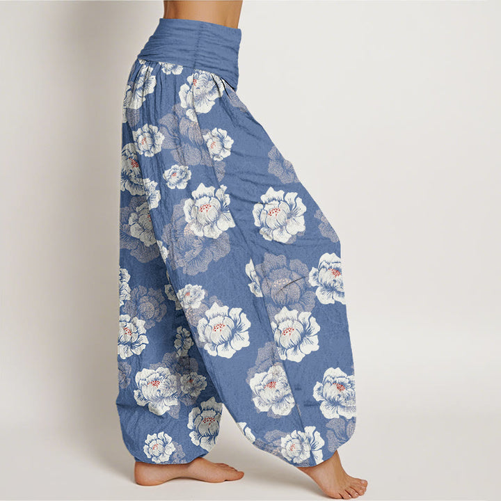 Pantalon harem à taille élastique pour femme, en coton à motif floral blanc élégant et Buddha Stones - image 7