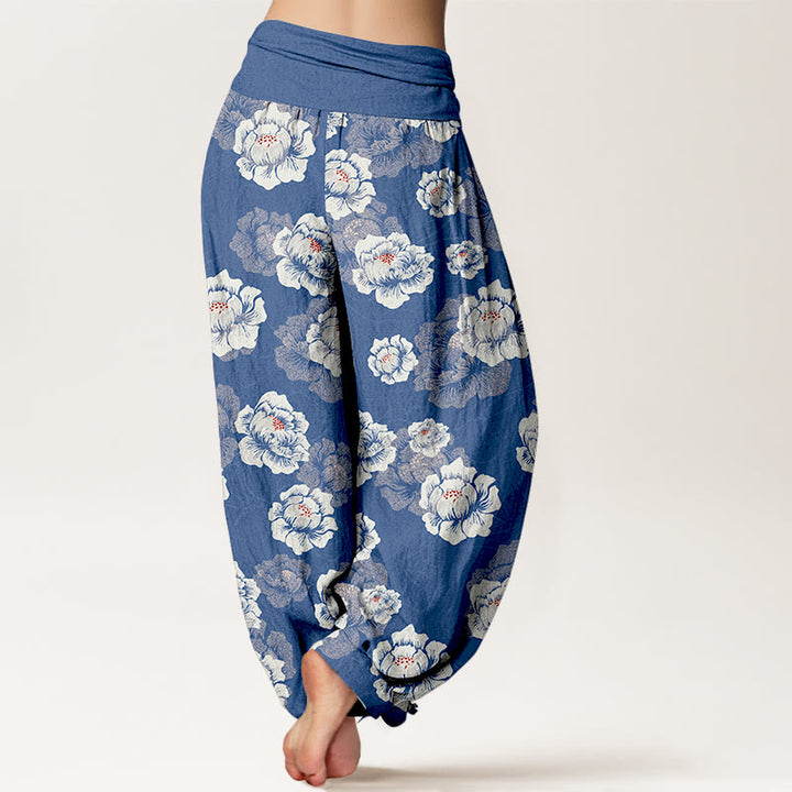 Pantalon harem à taille élastique pour femme, en coton à motif floral blanc élégant et Buddha Stones - image 6