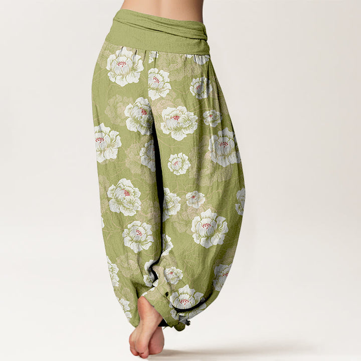 Pantalon harem à taille élastique pour femme, en coton à motif floral blanc élégant et Buddha Stones - image 9