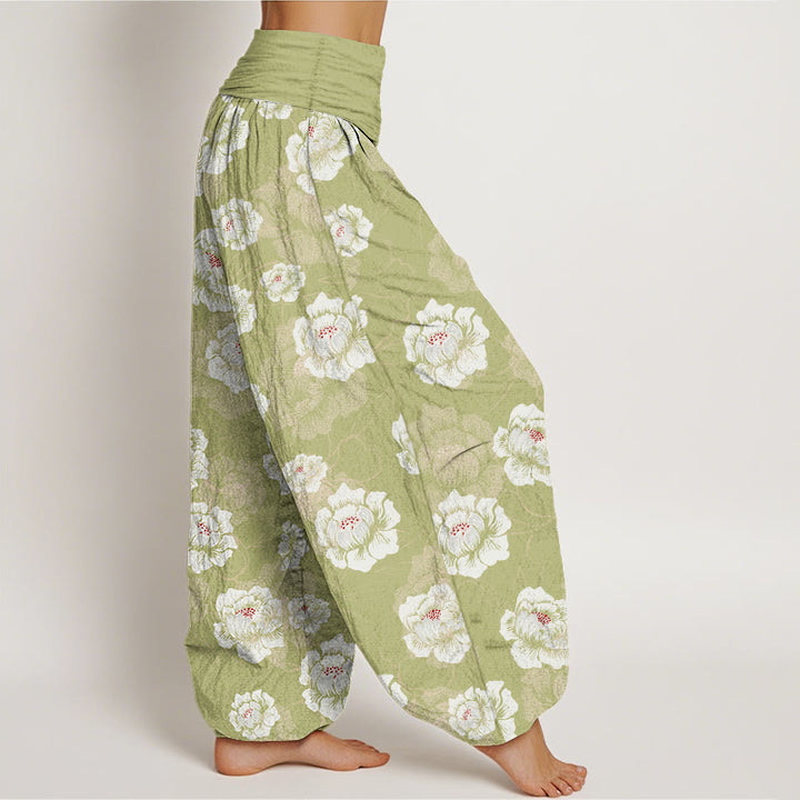 Pantalon harem à taille élastique pour femme, en coton à motif floral blanc élégant et Buddha Stones - image 10