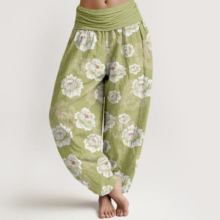 Pantalon harem à taille élastique pour femme, en coton à motif floral blanc élégant et Buddha Stones - JauneVert - US16，UK/AU20，EU48 (3XL) - image 8