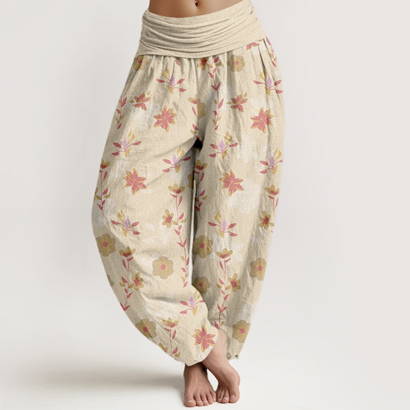 Pantalon harem femme en coton à taille élastique, motif floral et feuilles simple et rafraîchissant, avec Buddha Stones - LemonChiffon - US16，UK/AU20，EU48 (3XL) - image 0