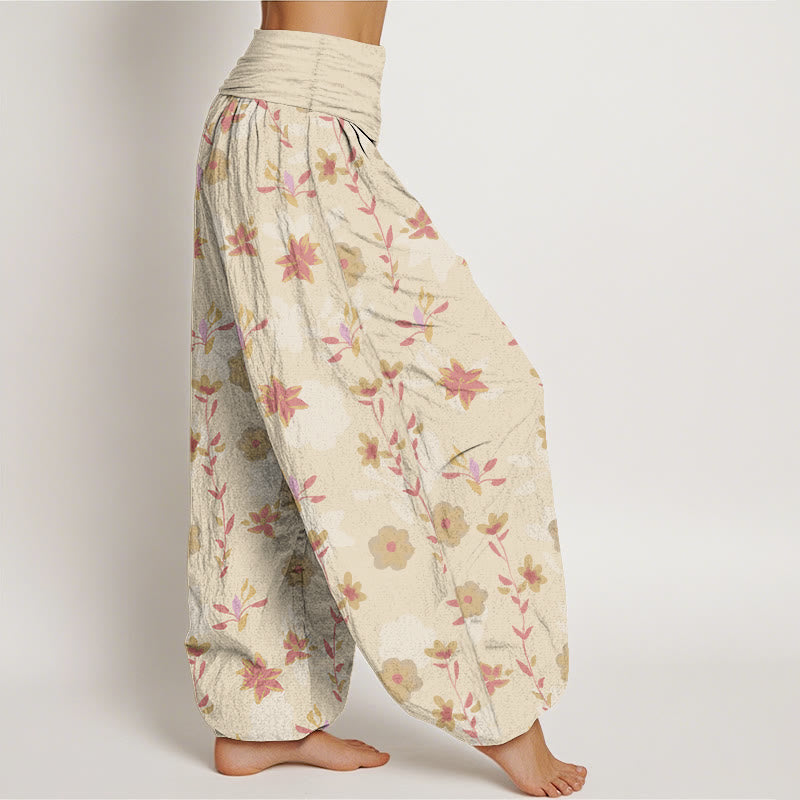 Pantalon harem femme en coton à taille élastique, motif floral et feuilles simple et rafraîchissant, avec Buddha Stones - image 2