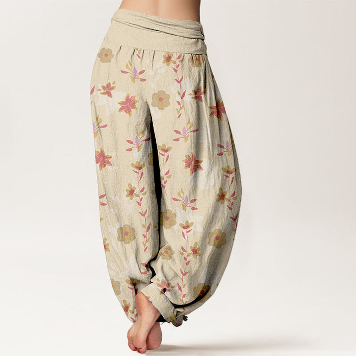 Pantalon harem femme en coton à taille élastique, motif floral et feuilles simple et rafraîchissant, avec Buddha Stones - image 1