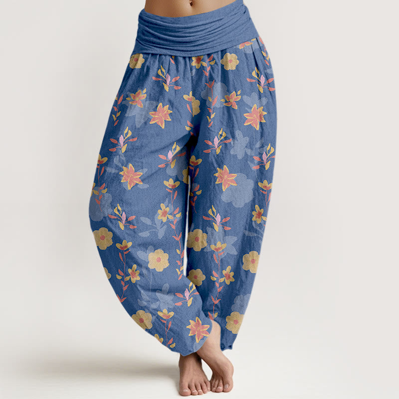 Pantalon harem femme en coton à taille élastique, motif floral et feuilles simple et rafraîchissant, avec Buddha Stones - SteelBlue - US16，UK/AU20，EU48 (3XL) - image 5
