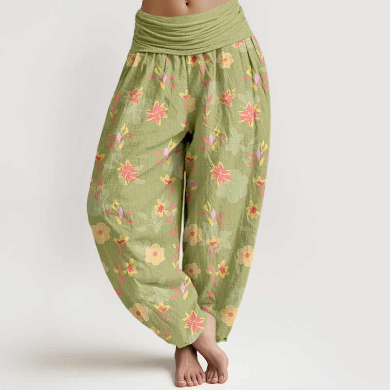 Pantalon harem femme en coton à taille élastique, motif floral et feuilles simple et rafraîchissant, avec Buddha Stones - JauneVert - US16，UK/AU20，EU48 (3XL) - image 8