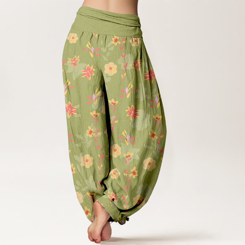Pantalon harem femme en coton à taille élastique, motif floral et feuilles simple et rafraîchissant, avec Buddha Stones - image 9