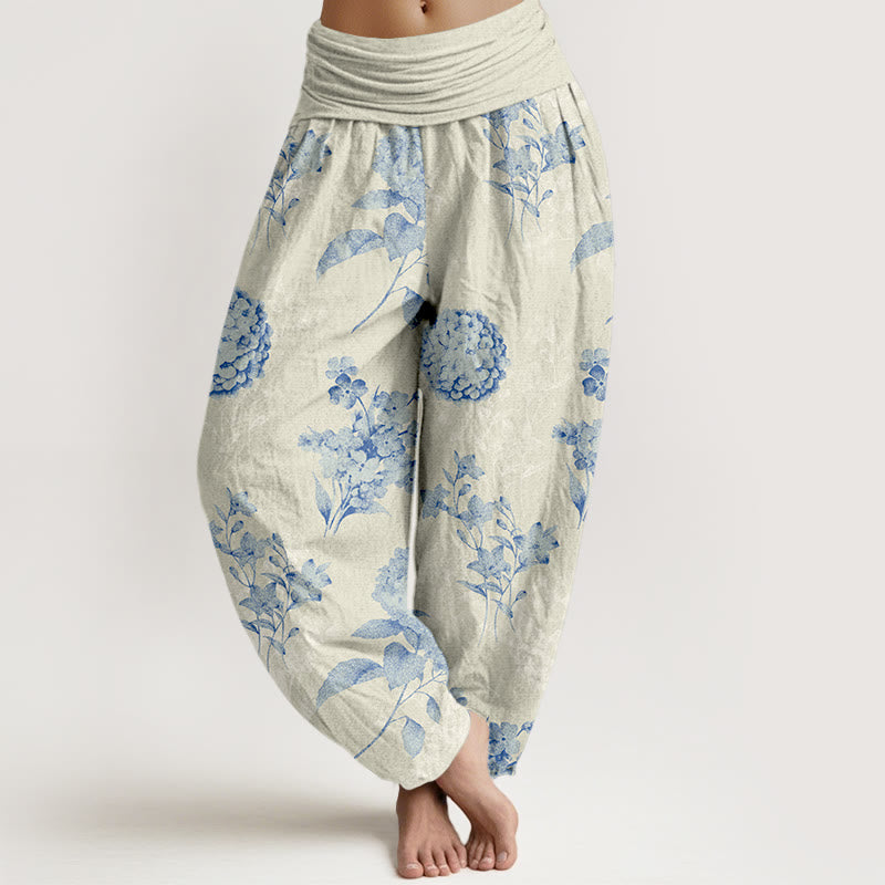 Pantalon harem à taille élastique pour femme, motif hortensias en coton Buddha Stones Cotton Refresh - Beige - US16，UK/AU20，EU48 (3XL) - image 0