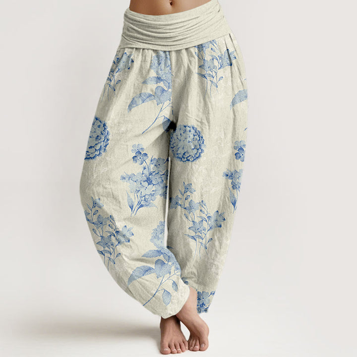 Pantalon harem à taille élastique pour femme, motif hortensias en coton Buddha Stones Cotton Refresh - Beige - US16，UK/AU20，EU48 (3XL) - image 0