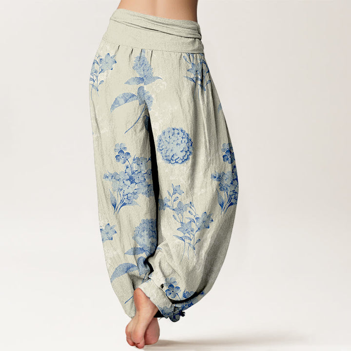 Pantalon harem à taille élastique pour femme, motif hortensias en coton Buddha Stones Cotton Refresh - image 1