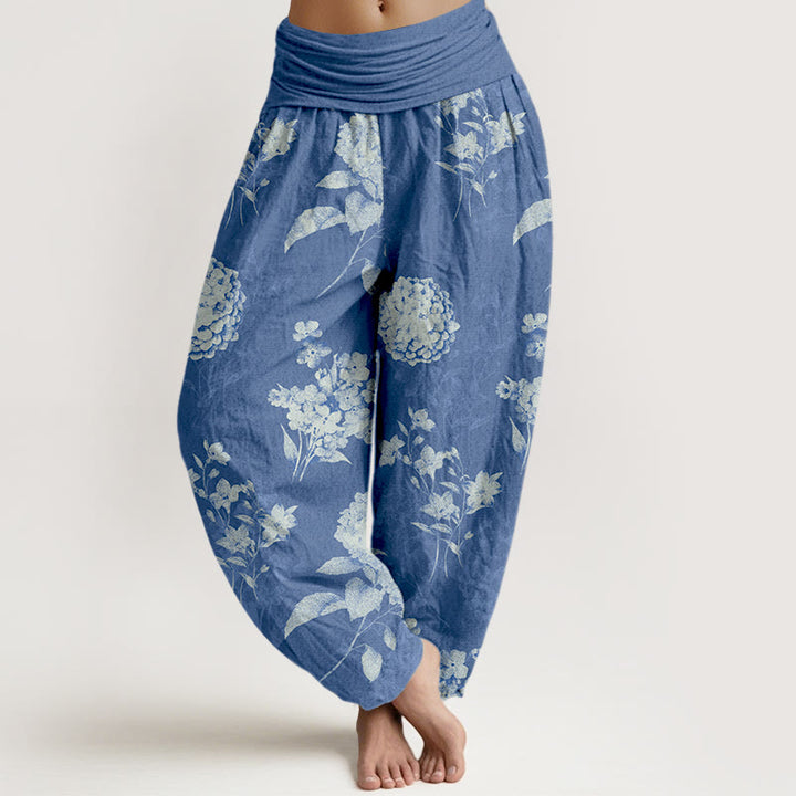 Pantalon harem à taille élastique pour femme, motif hortensias en coton Buddha Stones Cotton Refresh - Bleu royal - US16，UK/AU20，EU48 (3XL) - image 5