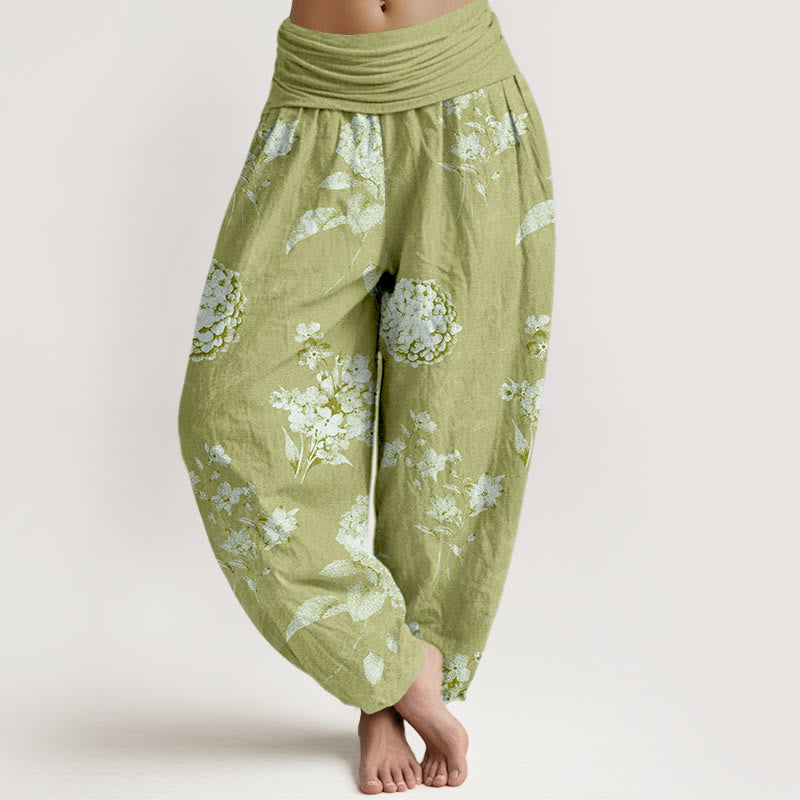 Pantalon harem à taille élastique pour femme, motif hortensias en coton Buddha Stones Cotton Refresh - JauneVert - US16，UK/AU20，EU48 (3XL) - image 8