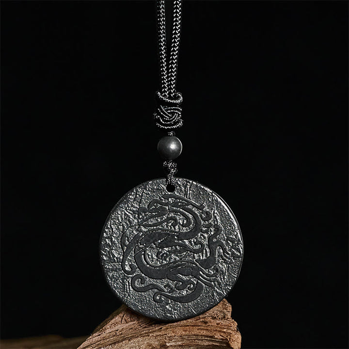 Collier pendentif en Buddha Stones sculptée, motif dragon, authentique pierre de shungite, force intérieure - image 1