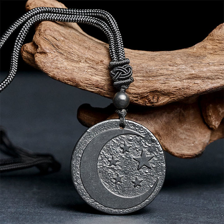 Collier pendentif en Buddha Stones, lune et étoile, design rond, authentique pierre de shungite, protection - image 1