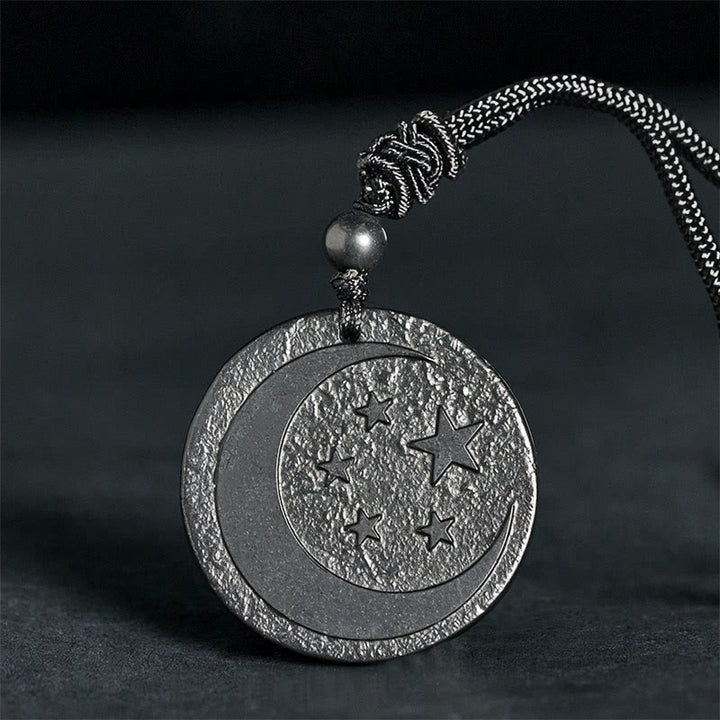 Collier pendentif en Buddha Stones, lune et étoile, design rond, authentique pierre de shungite, protection - Pierre de shungite (Protection ♥ Ancrage) - 35-40 mm - image 0