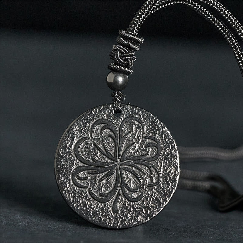Collier de protection en pierre de Buddha Stones à quatre feuilles, authentique pierre de shungite et graphite - Pierre de shungite (Protection ♥ Ancrage) - 35-40 mm - image 0