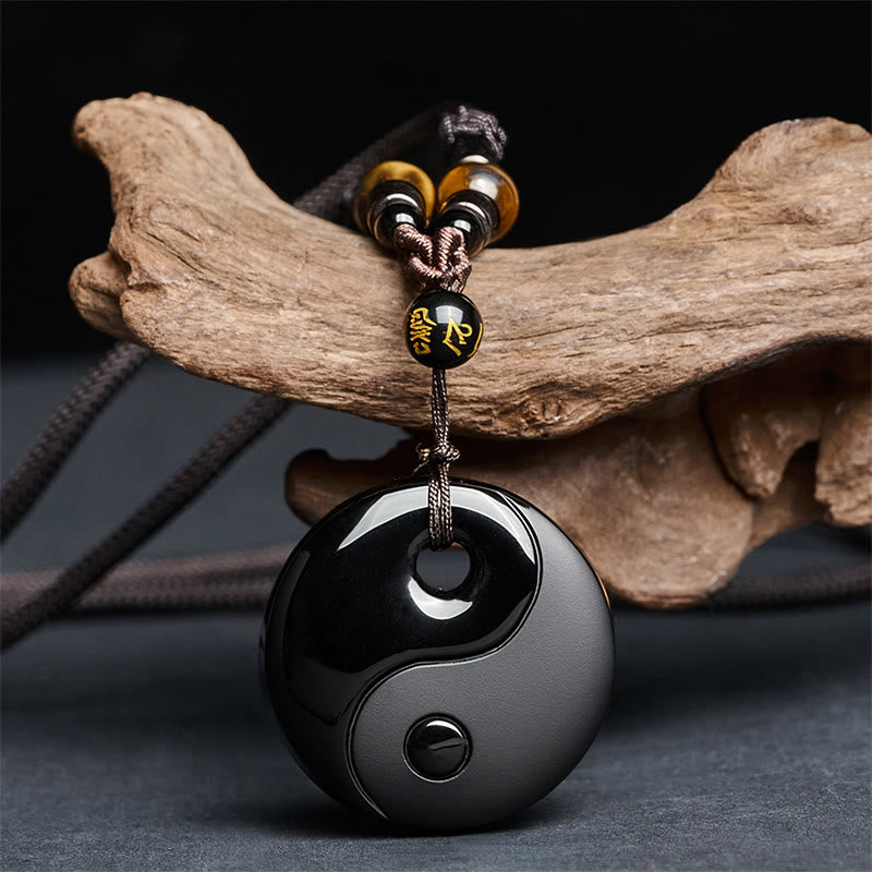 Buddha Stones Yin Yang Symbole Om Mani Padme Hum Obsidienne Noire Collier Pendentif Force Collier Pierres de Bouddha Yin Yang Symbole Om Mani Padme Hum Obsidienne Noire - Obsidienne noire (Dimensions du pendentif : 37 x 8 mm) - image 0