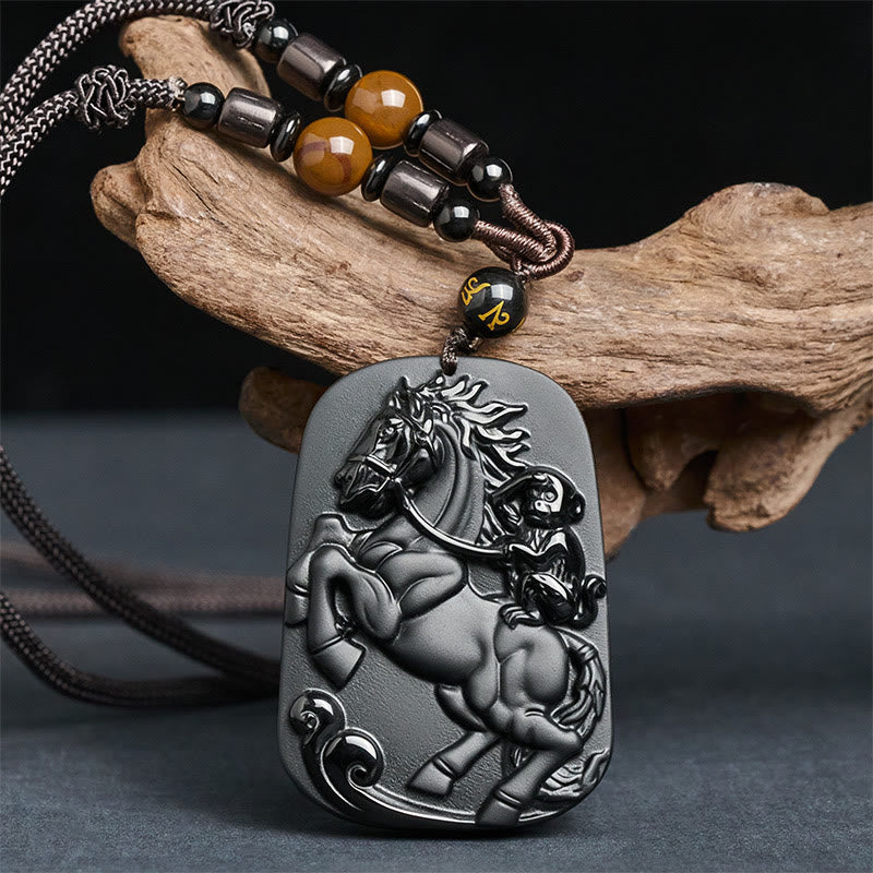 Buddha Stones Année du Cheval Motif Singe Om Mani Padme Hum Collier Pendentif Force en Obsidienne Noire Pierres de Bouddha Année du Cheval - image 1