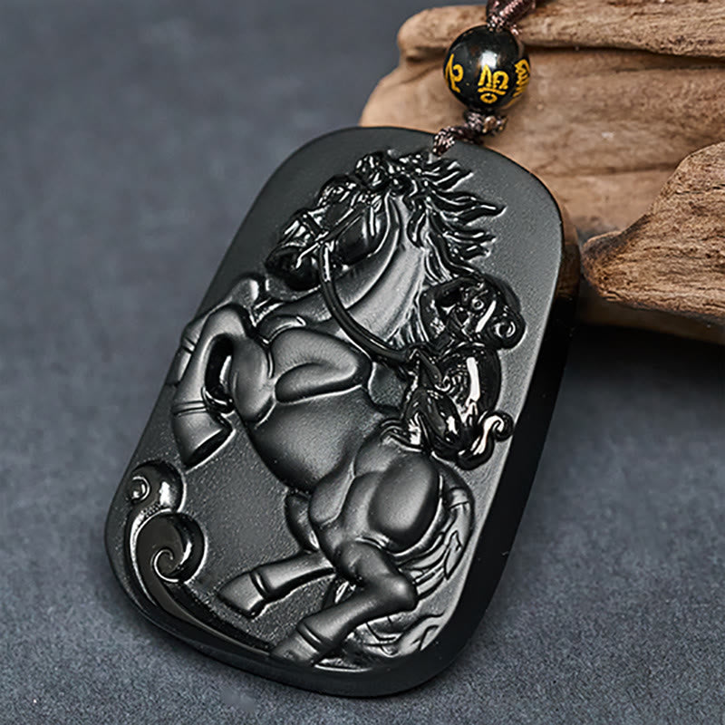 Buddha Stones Année du Cheval Motif Singe Om Mani Padme Hum Collier Pendentif Force en Obsidienne Noire Pierres de Bouddha Année du Cheval - image 3