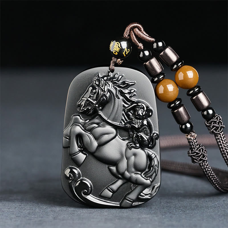 Buddha Stones Année du Cheval Motif Singe Om Mani Padme Hum Collier Pendentif Force en Obsidienne Noire Pierres de Bouddha Année du Cheval - Cheval, singe et six mots vrais - image 0