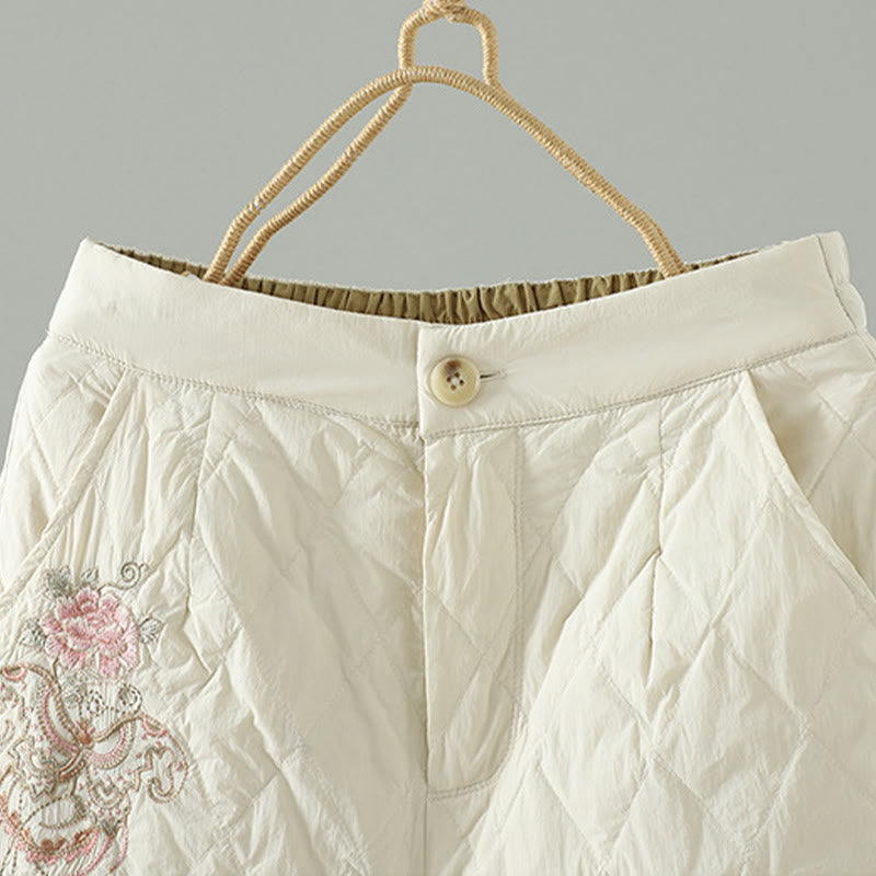 Pantalon pour femme en coton épais à motif losanges et fleurs roses Buddha Stones, avec poches - image 3