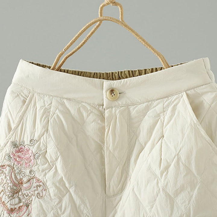 Pantalon pour femme en coton épais à motif losanges et fleurs roses Buddha Stones, avec poches - image 3