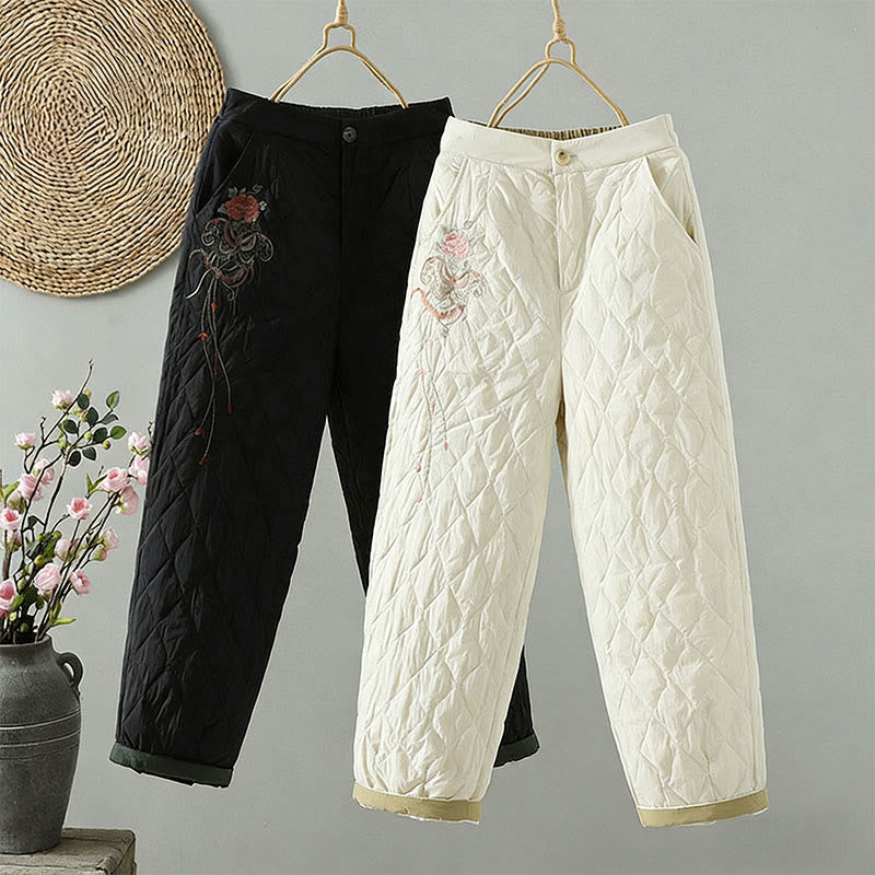 Pantalon pour femme en coton épais à motif losanges et fleurs roses Buddha Stones, avec poches - image 0