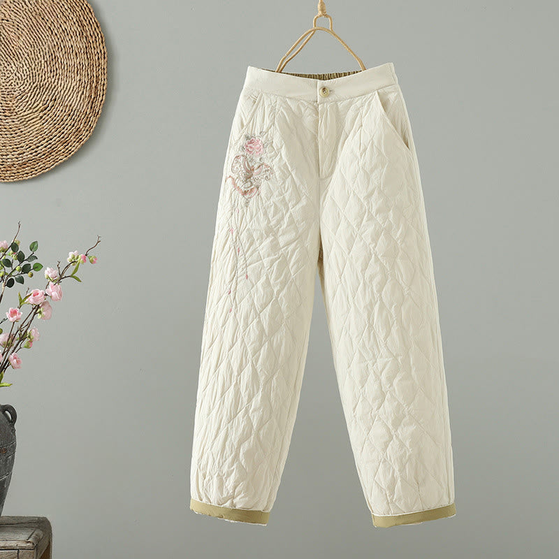 Pantalon pour femme en coton épais à motif losanges et fleurs roses Buddha Stones, avec poches - Neige - US8-10，UK/AU12-14，EU40-42 (2XL) - image 1