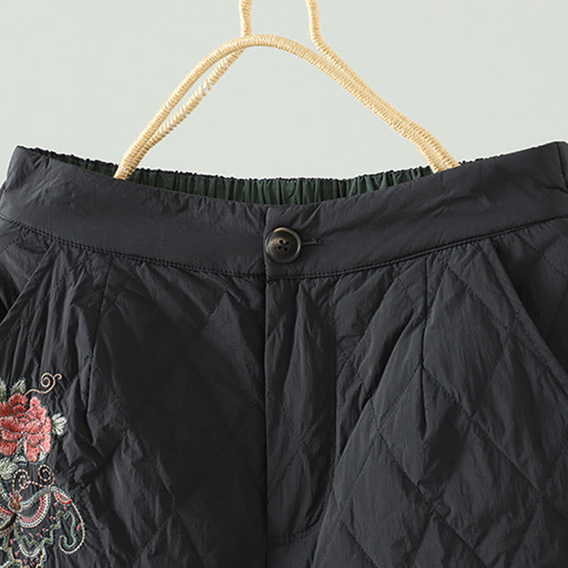 Pantalon pour femme en coton épais à motif losanges et fleurs roses Buddha Stones, avec poches - image 12